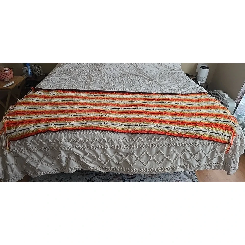 Vintage Orange White Striped‎ Granny Fringe Crochet Afghan Throw Blanket 74